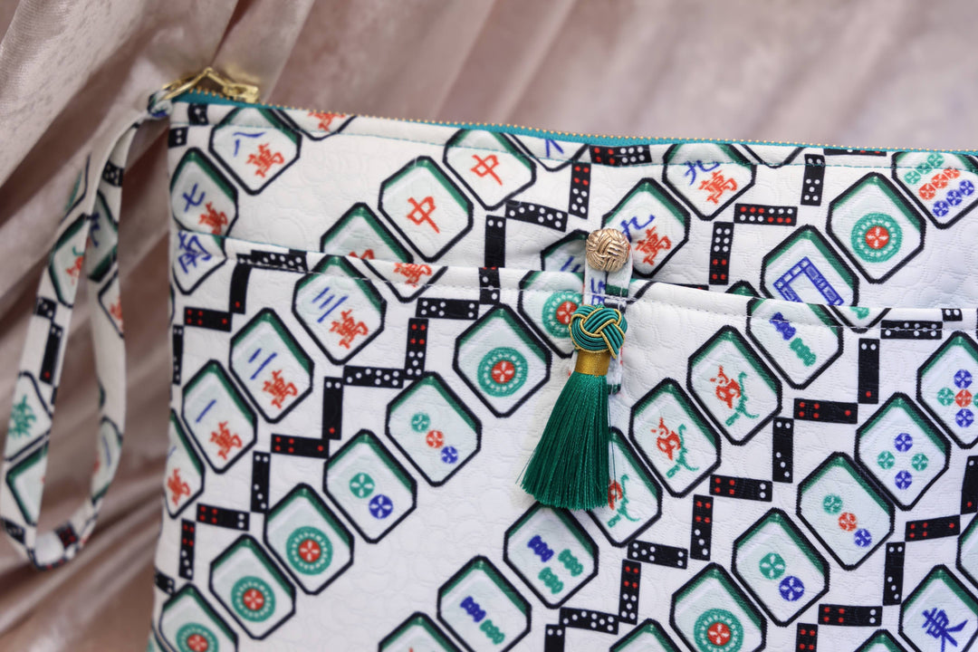 Marsha Mahjong Print Clutch (Beige/ Green)