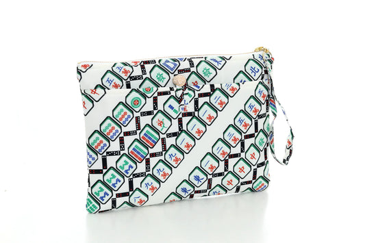 Marsha Mahjong Print Clutch (Beige/ Green)