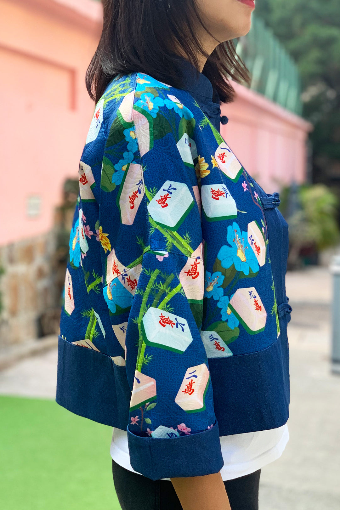 Kylin Mahjong Print Denim Jacket (Blue)