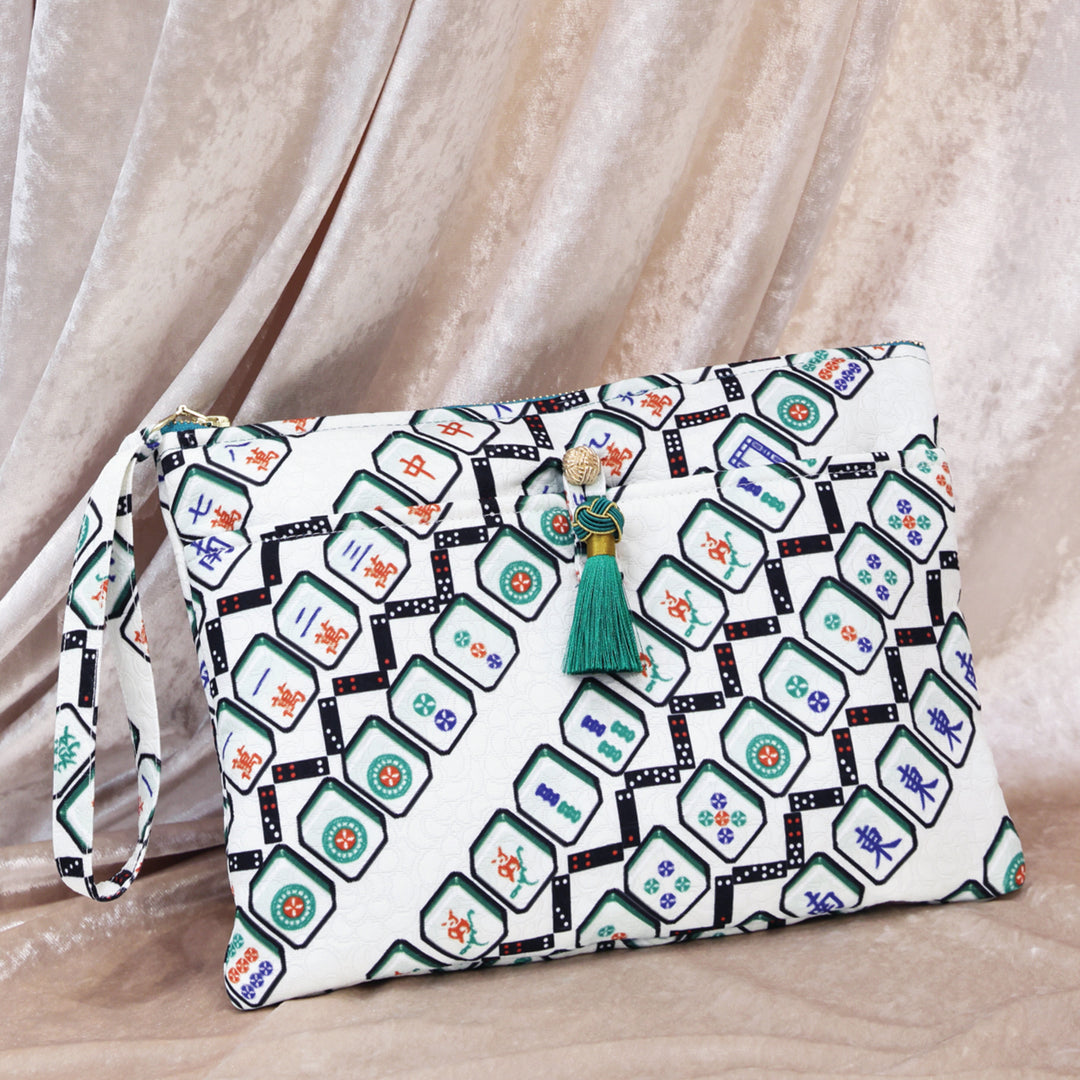 Marsha Mahjong Print Clutch (Beige/ Green)
