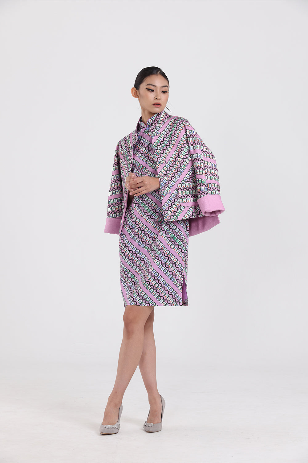 Marjorie Mahjong Print Cheongsam (Purple/ Green)