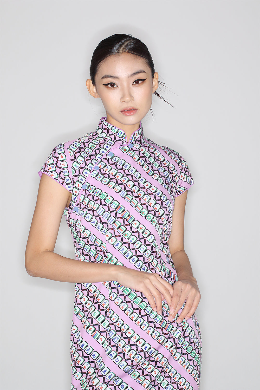Marjorie Mahjong Print Cheongsam (Purple/ Green)