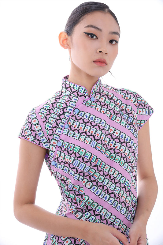 Marjorie Mahjong Print Cheongsam (Purple/ Green)