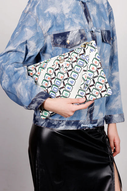 POSEY Mahjong Print Puffy Clutch (Beige/ Green)