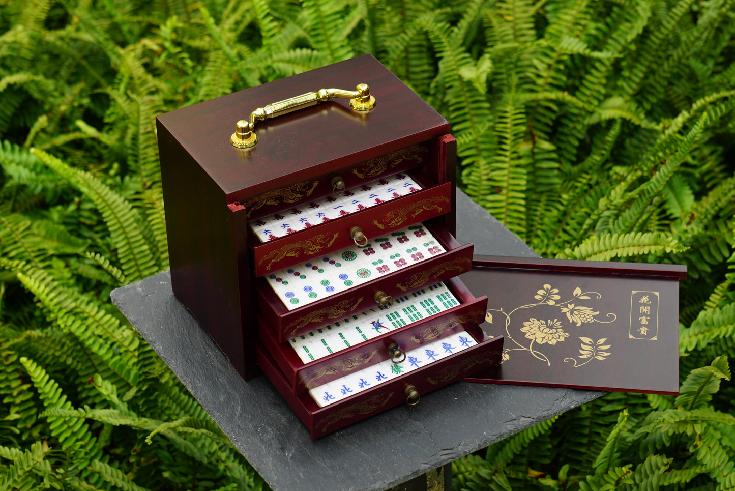 Mini Mahjong Set with Wood Cabinet 5-Layer Drawer