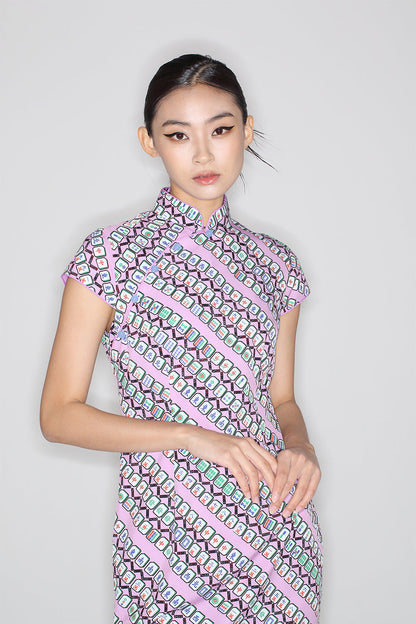 Marjorie Mahjong Print Cheongsam (Purple/ Green)